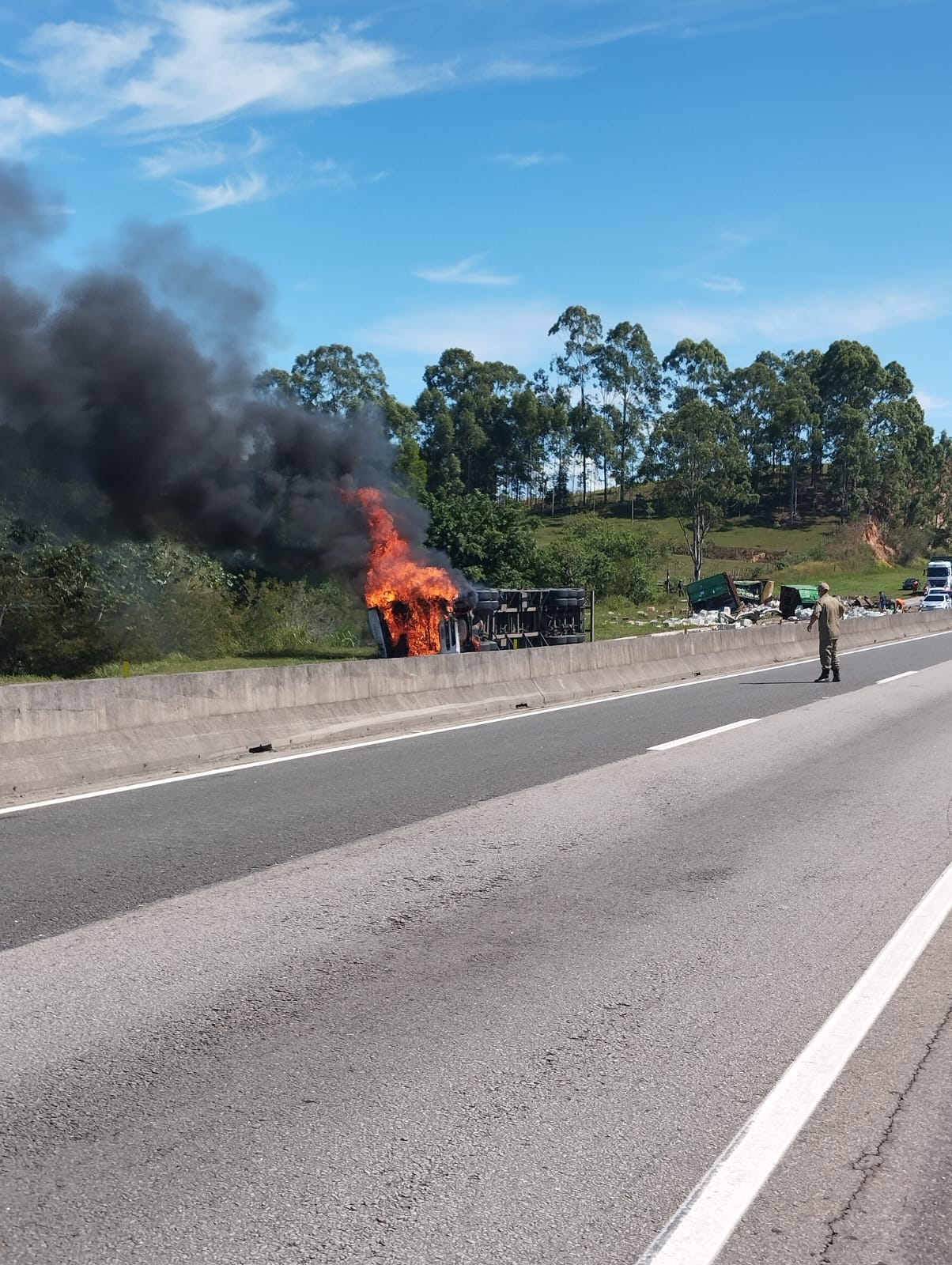 Caminhão pega fogo após capotar na BR-101