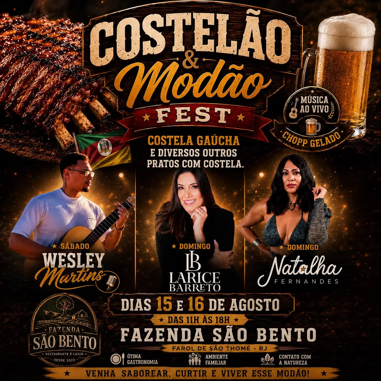 Farol de São Tomé: Costelão & Modão Fest promete reunir Churrasco Gaúcho, Shows e Lazer