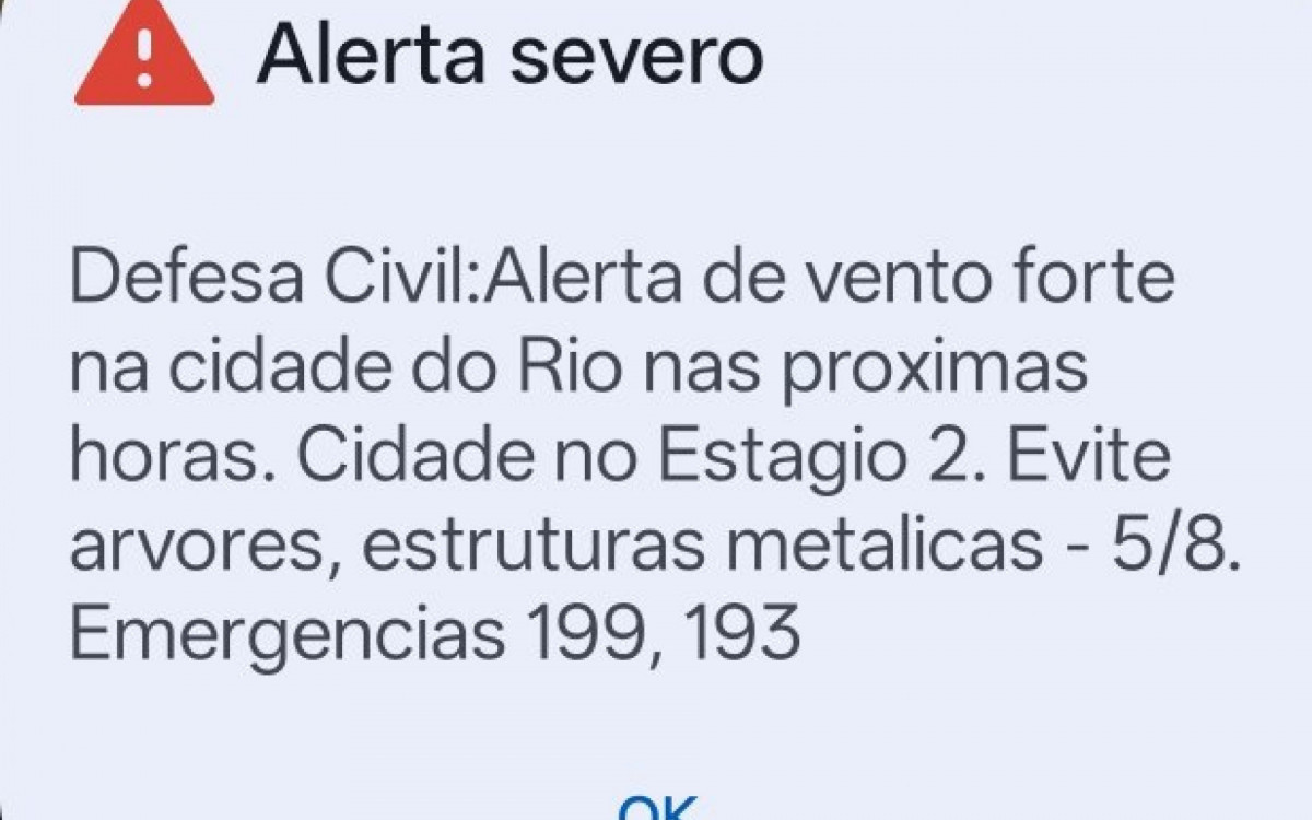 Defesa Civil emite ‘alerta severo’ para ventos fortes no Rio