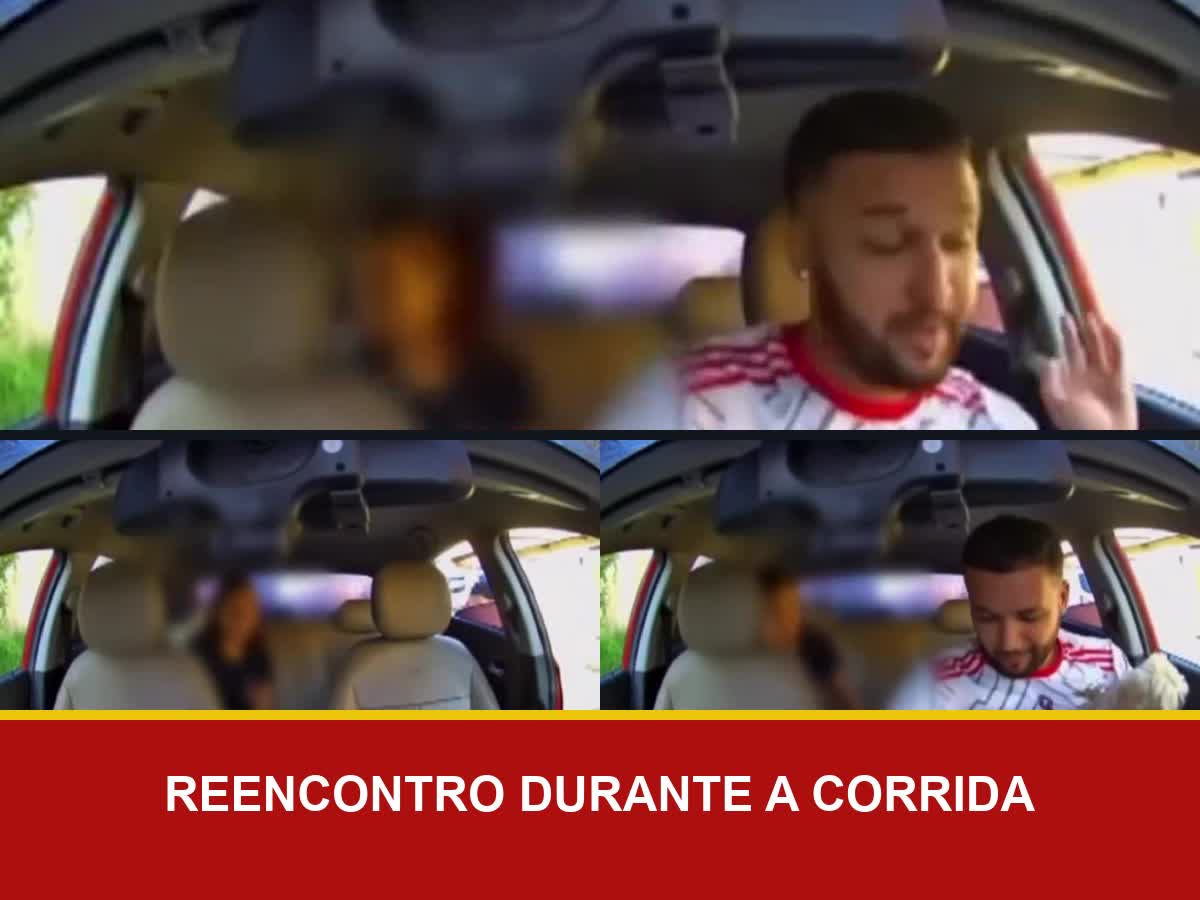 Montagem mostra motorista, passageira e cachorro reencontrado dentro de carro