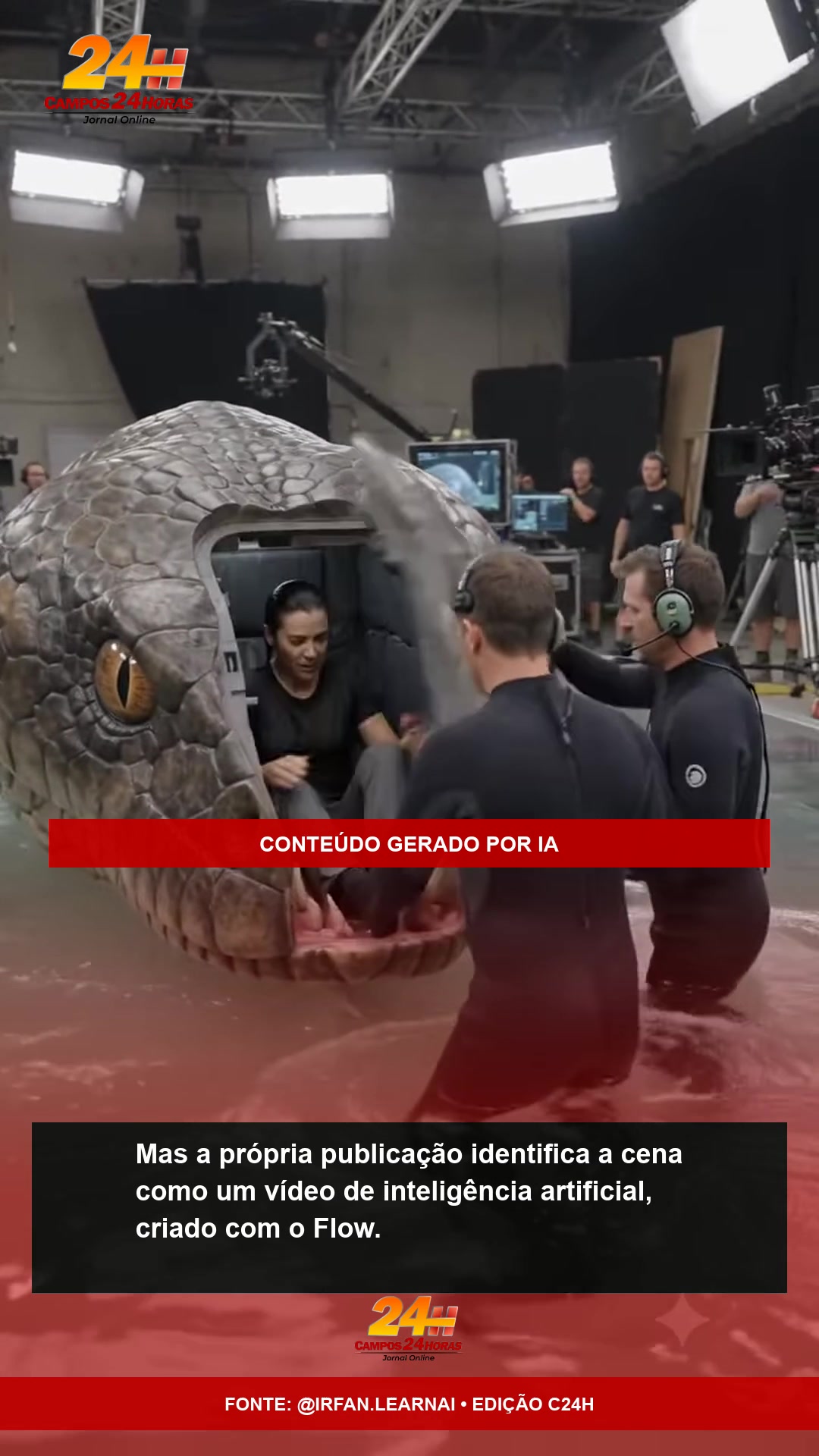 Cobra gigante abre a boca diante da personagem em cena criada por IA