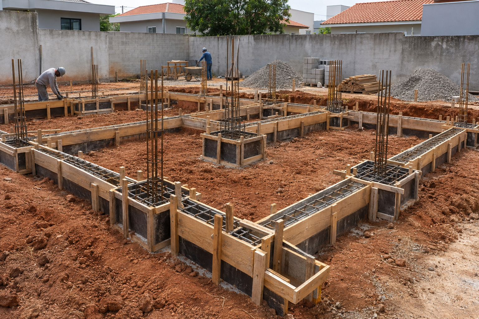 Fundação de uma casa térrea em execução