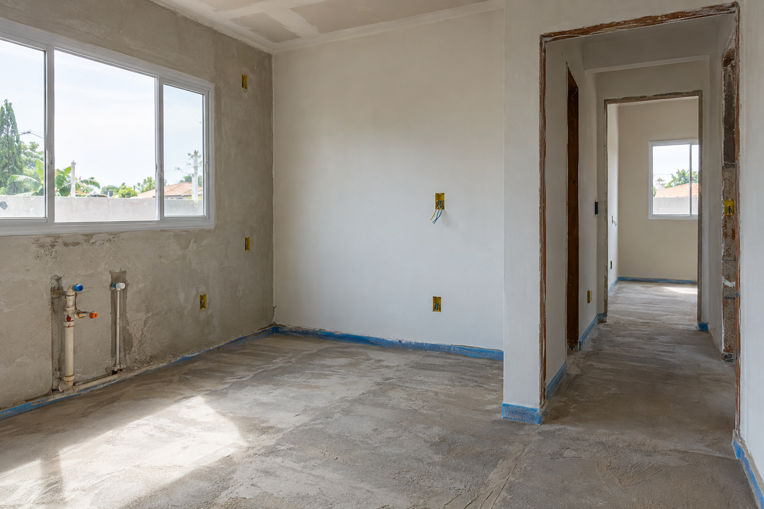 Interior de casa na fase de instalações e acabamento
