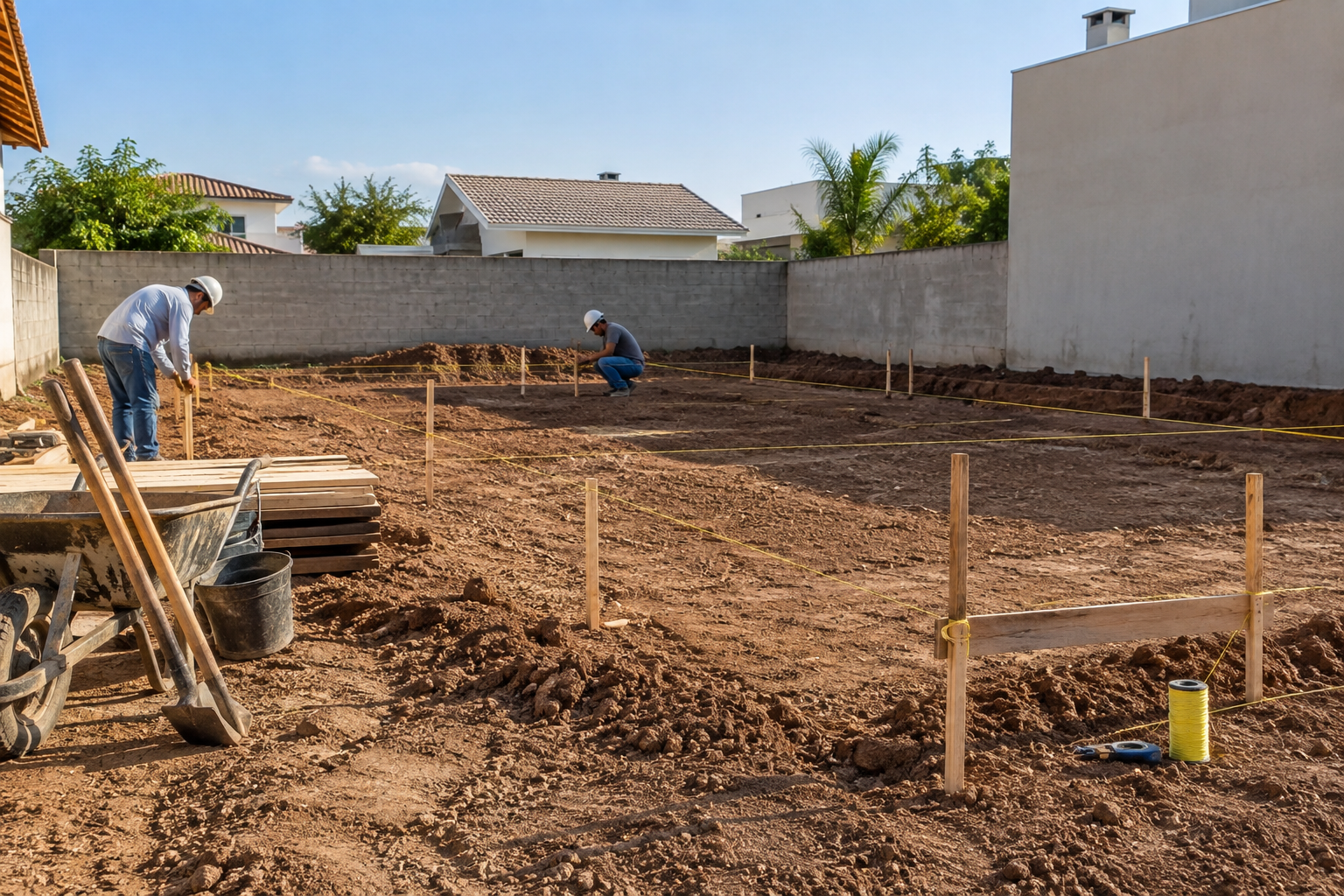 Terreno demarcado para o início de uma construção residencial
